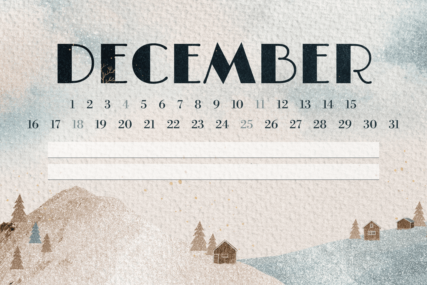 December calendar with painted hills, firs and houses.