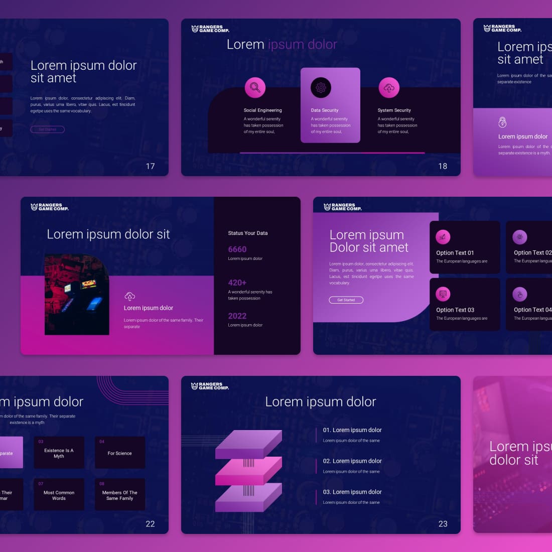 A set of 8 different slides in blue, pink and purple on a neon background.