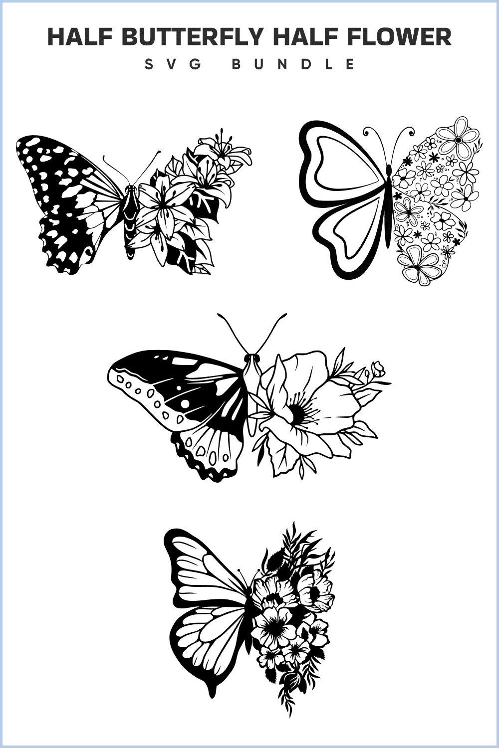 Images of 4 butterflies that consist of half flowers.