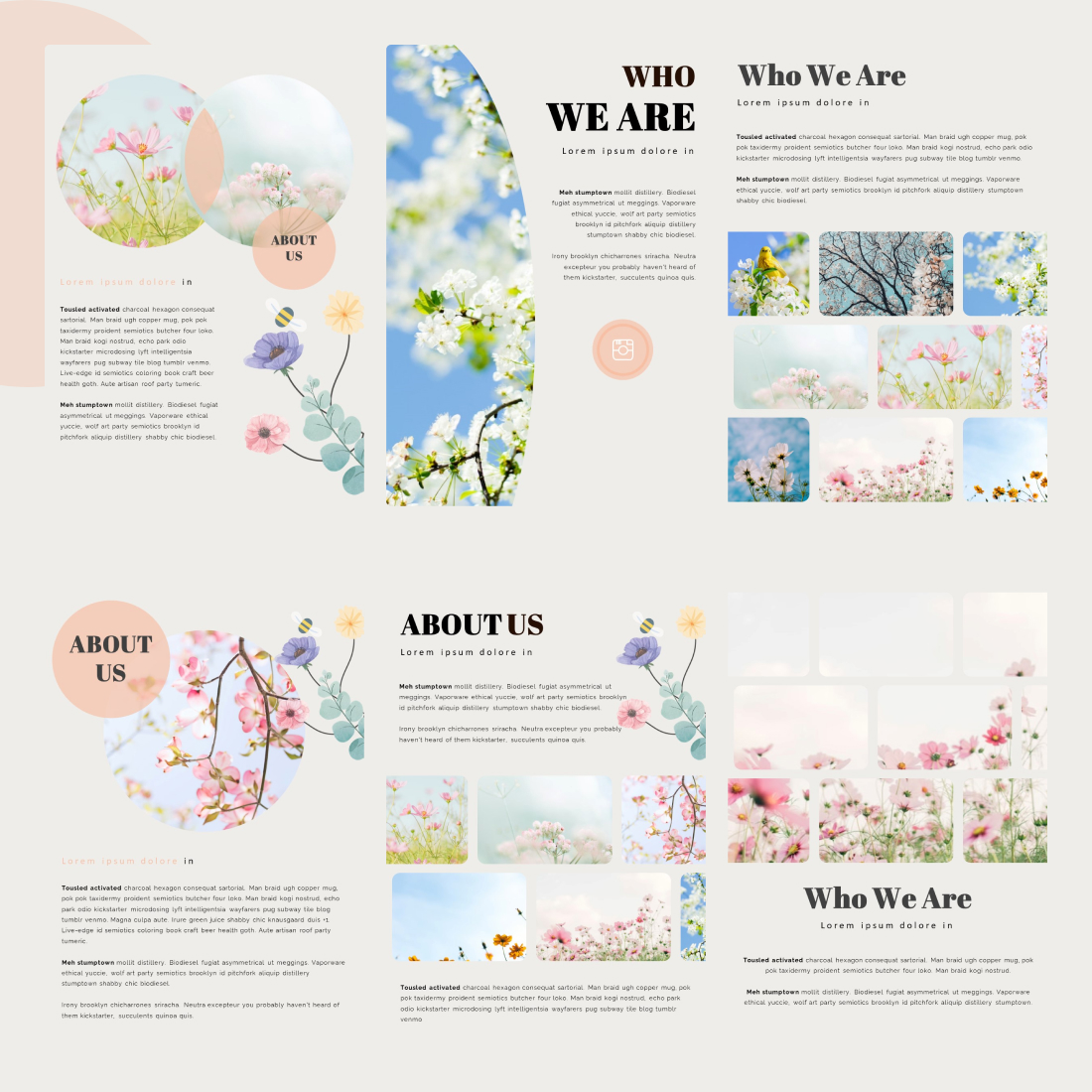 Pack of images of charming presentation slides on the theme of the coming of spring.