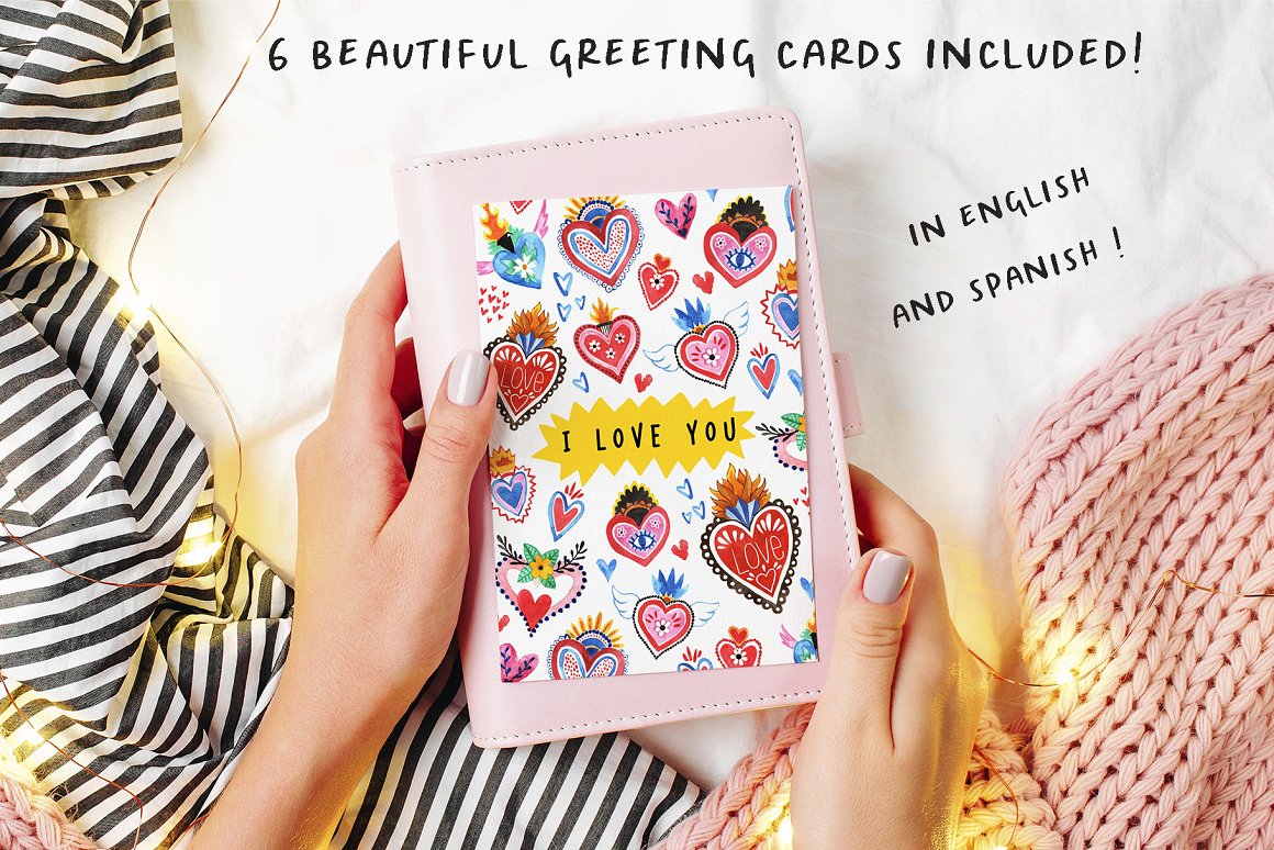 A white love greeting card with black lettering "I love you" on a yellow background with hand-painted mexican hearts and pink wallet.