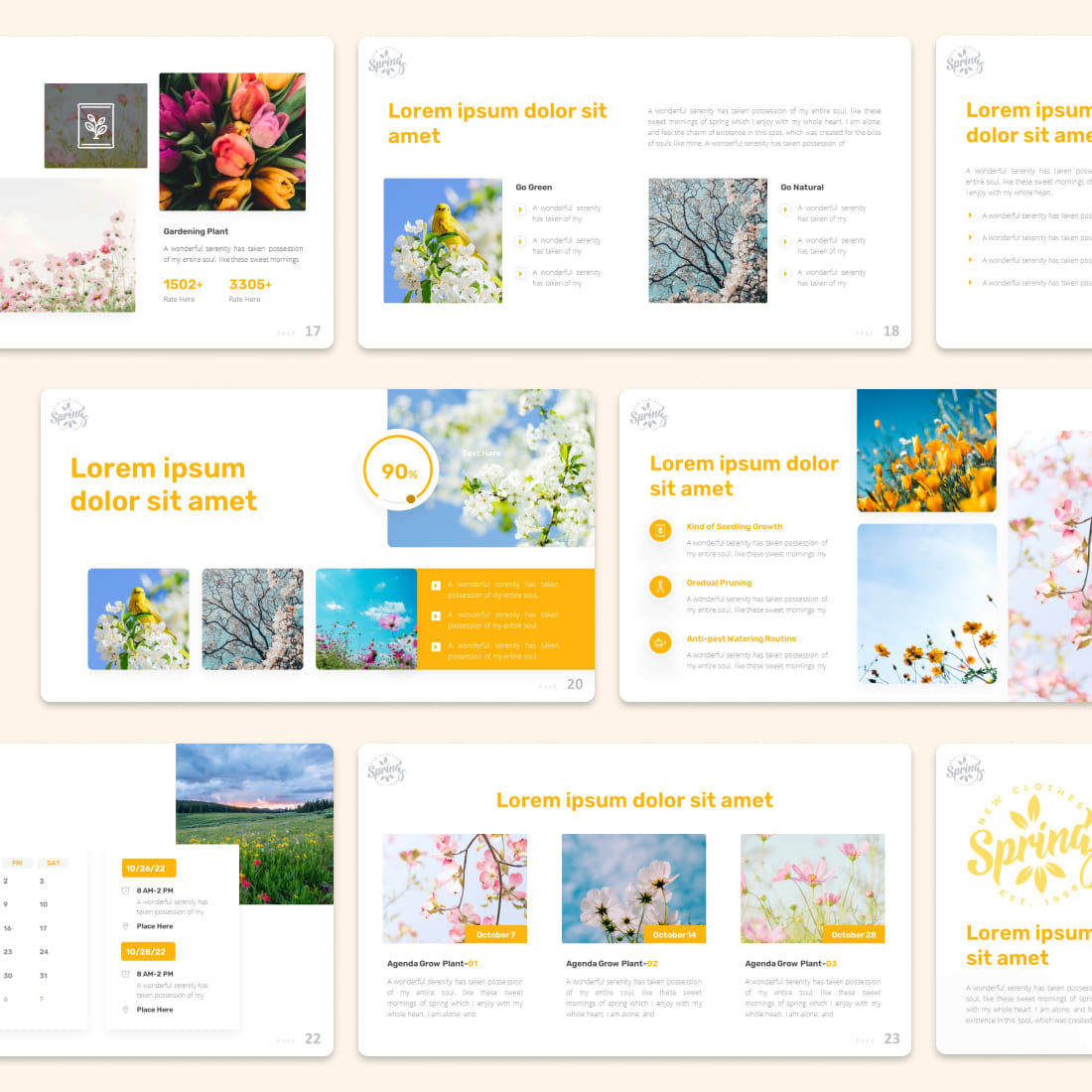 Bundle of images of enchanting presentation slides on the theme of spring.