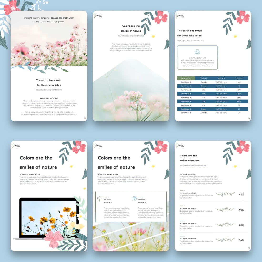 Bundle of images of irresistible presentation slides on the theme of spring.