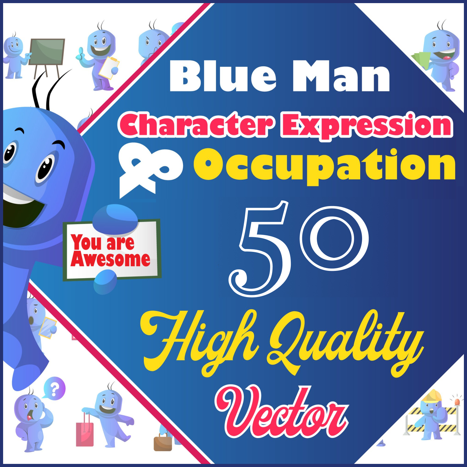50X Blue Man Character Expression and Occupation Illustration.
