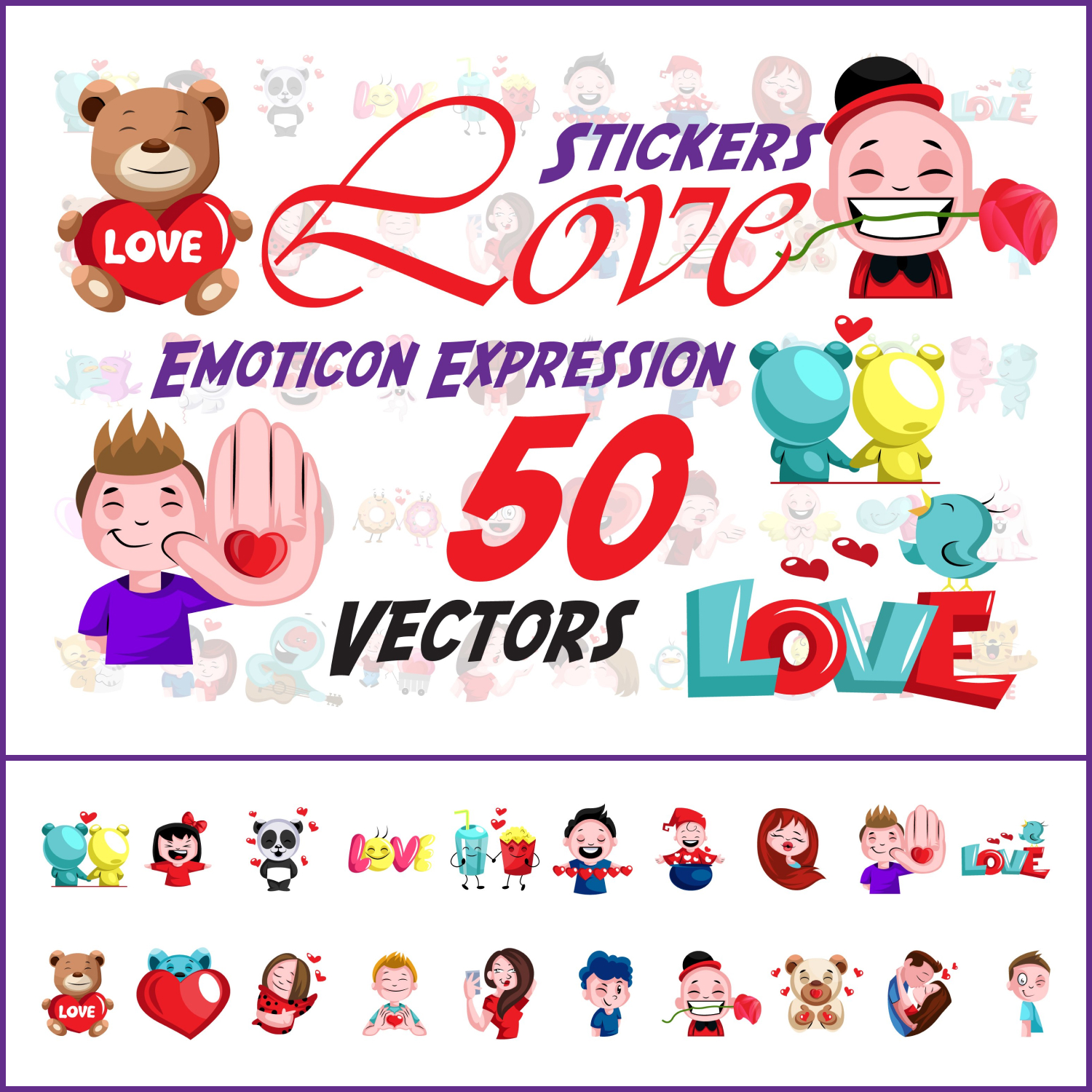 50X Love Stickers and Emoticon Expressions Illustrations.