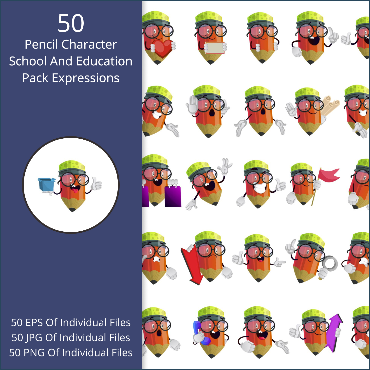 50X Pencil Character School and Education Pack Expressions I.