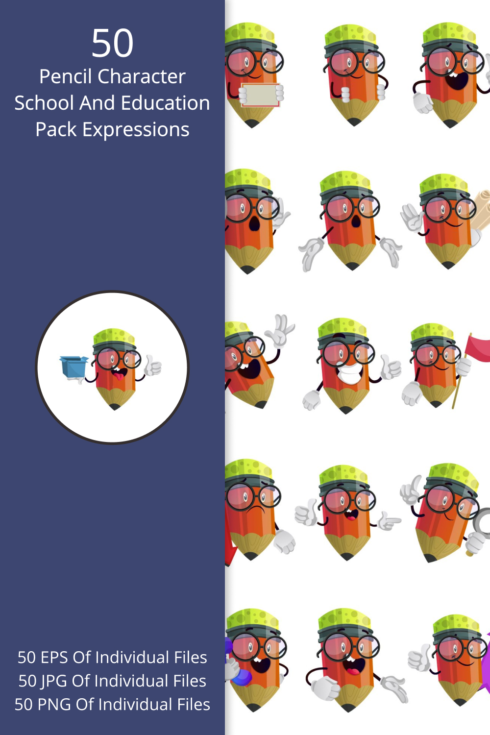 50x pencil character school and education pack expressions 02 457