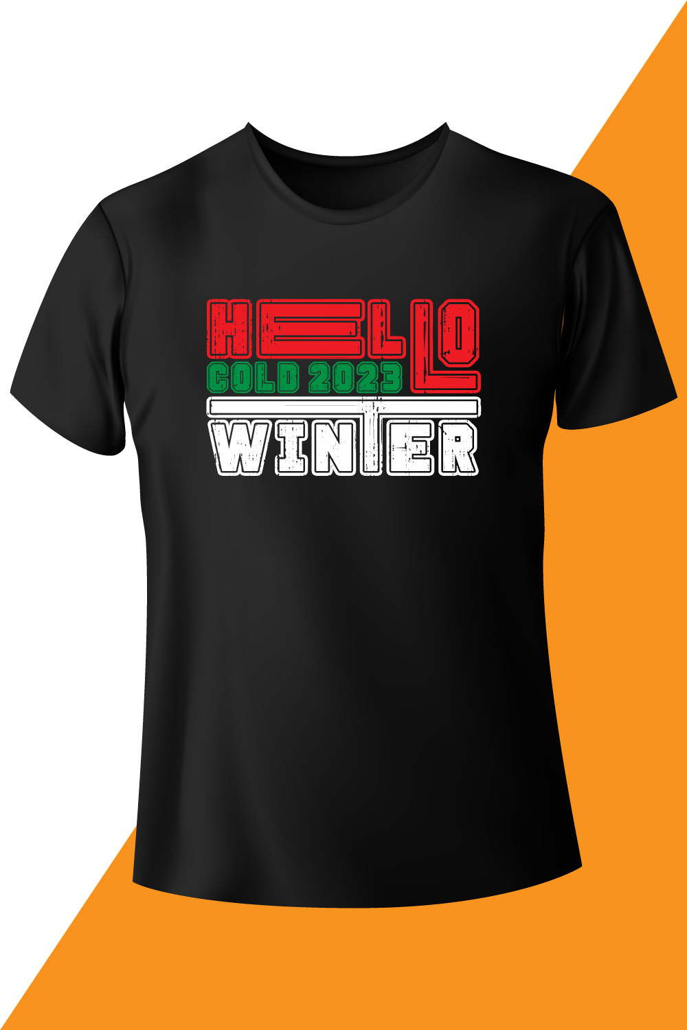 Image of a black Hello Cold Winter 2023 gorgeous print t-shirt.