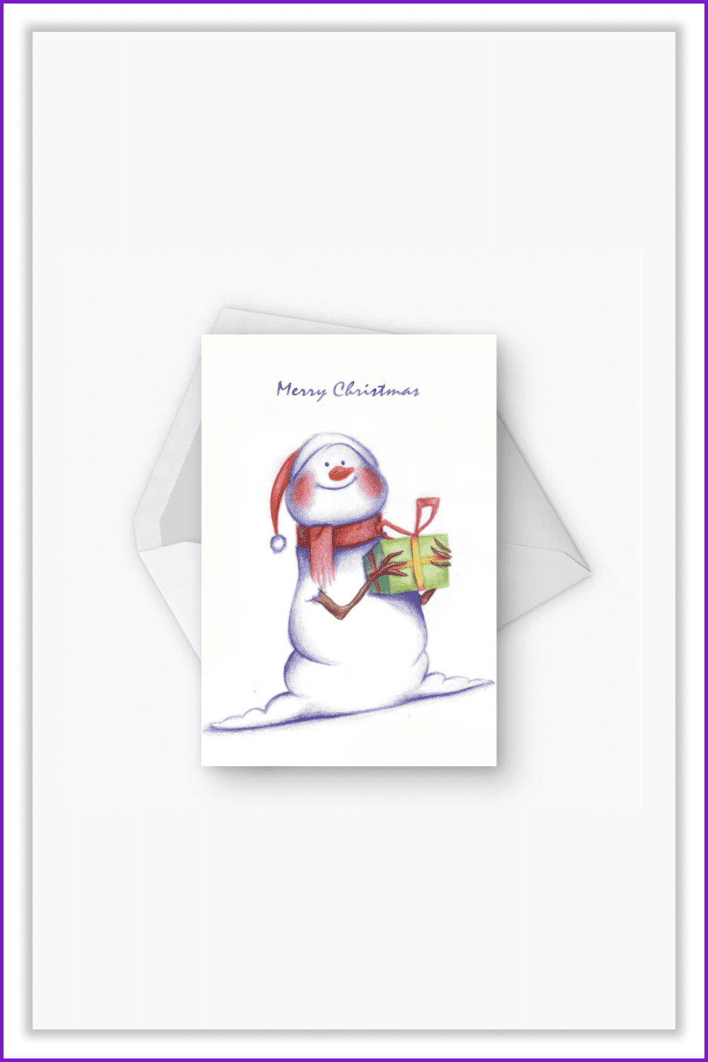 Greeting card with a cute drawn snowman with a gift in his hands.