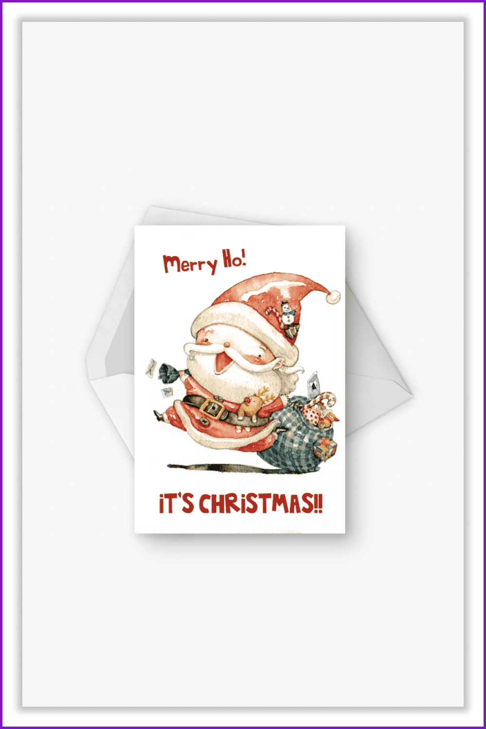 Greeting card with cute drawn Santa Claus and a bag of gifts.