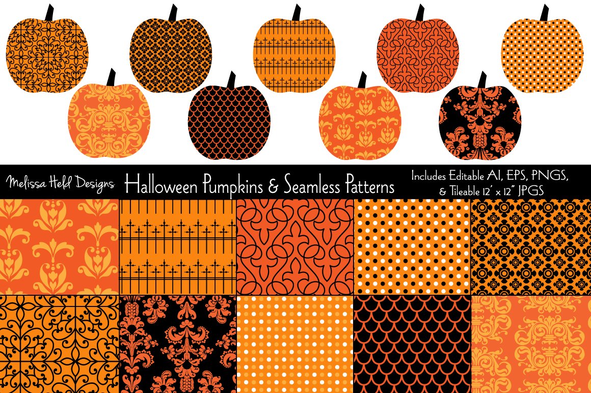 Cool Halloween pumpkins collection in autumn colors.