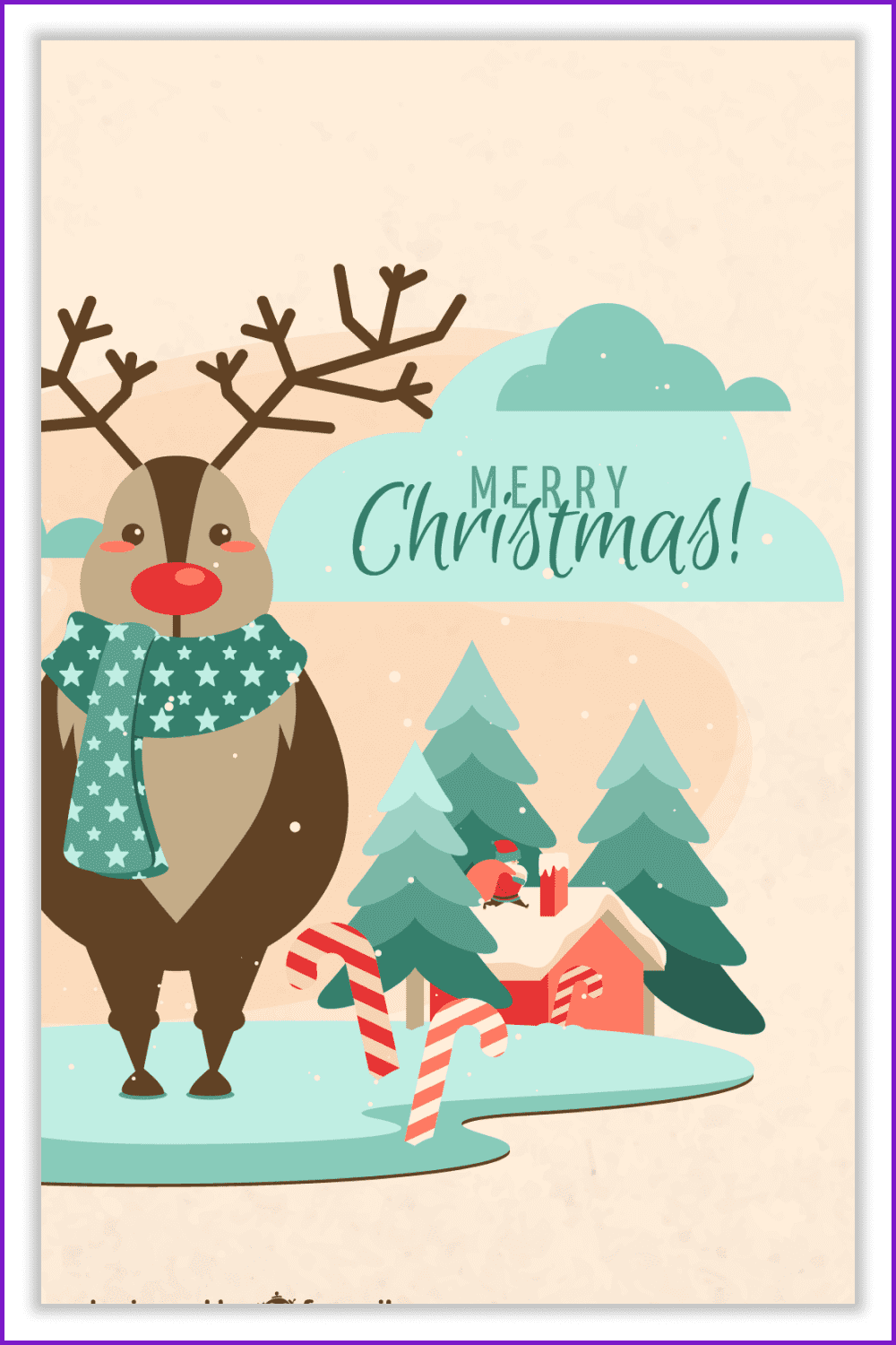 Postcard with a cute drawn deer with a red nose.
