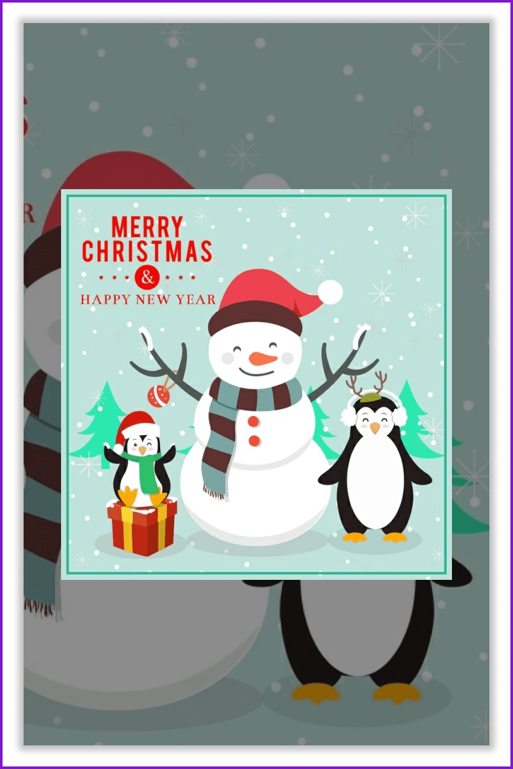 Christmas card with funny penguins and snowman.