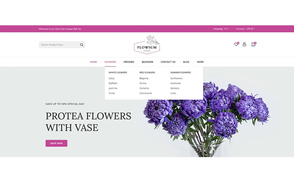 An example of a header for web version flowers store with image of blue flowers.