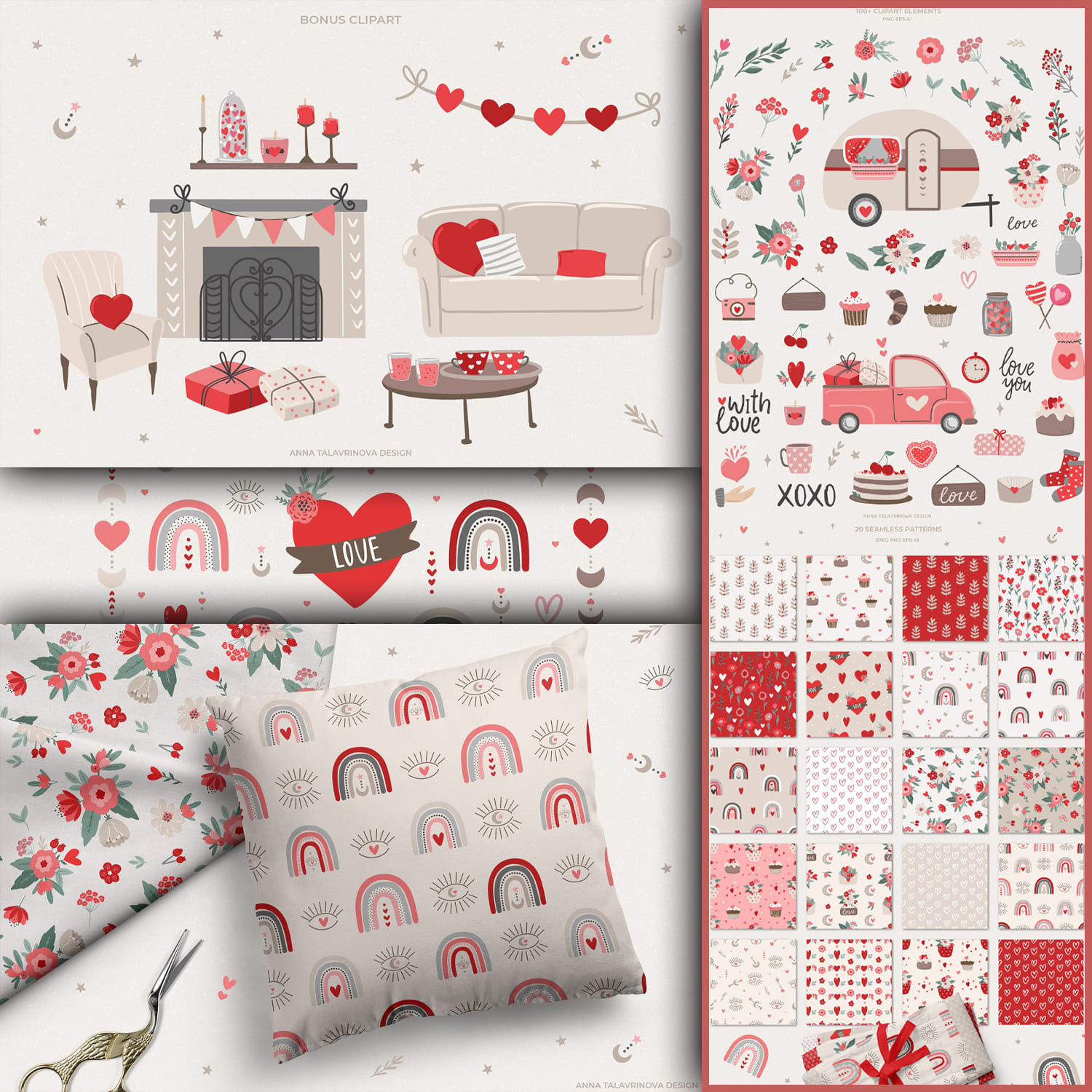 Boho Valentine's Day Pattern Clipart by cozy pattern shop.