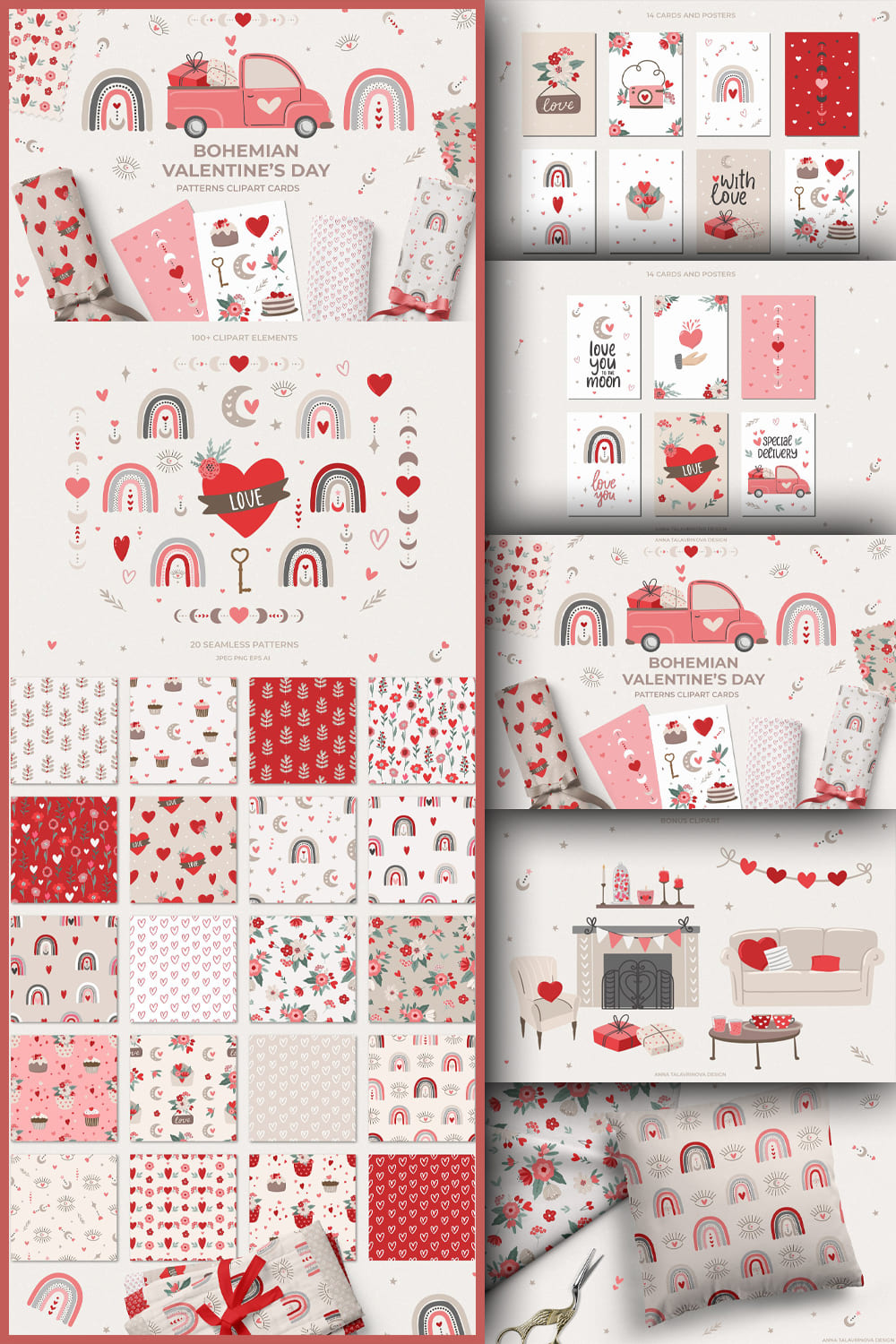 Boho Valentine's Day Pattern Clipart - pinterest image preview.