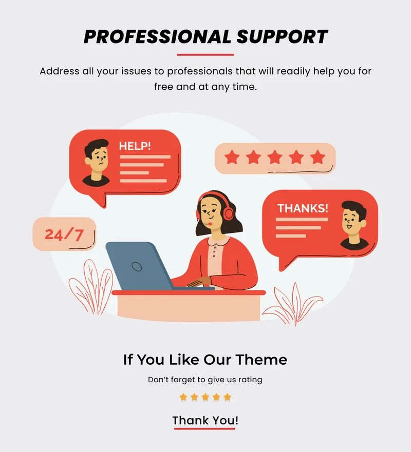 Black lettering "Professional support" on a black background and illustration of support shopify store in white, pink and red on a gray background.