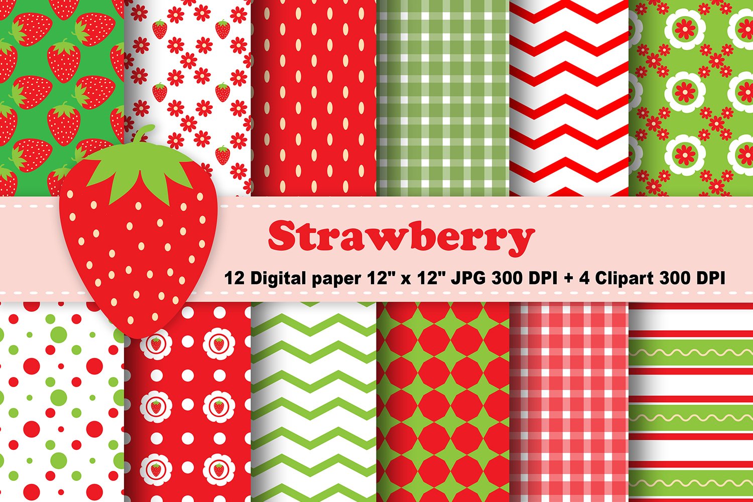 Cover image of Strawberry Digital Paper, Fruits Background.