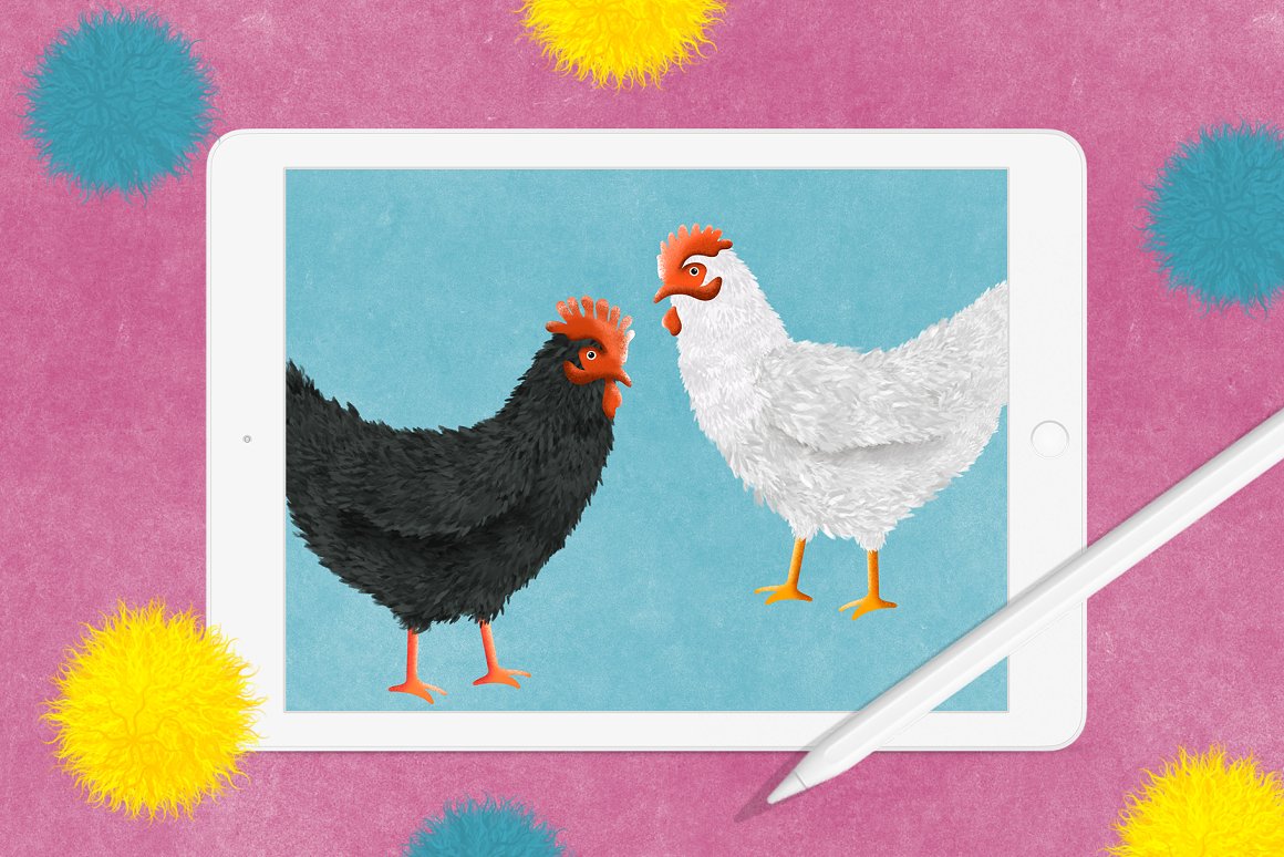 Ipad mockup with black and white roosters on a light blue background.