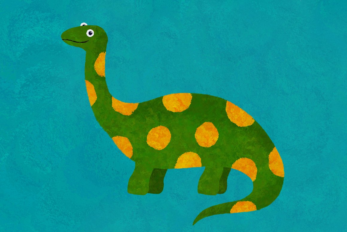 Impressionism illustration of a green dinosaur on a blue background.