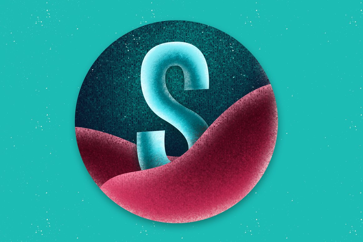 The letter "S" in a turquoise-pink round shape on a blue background.