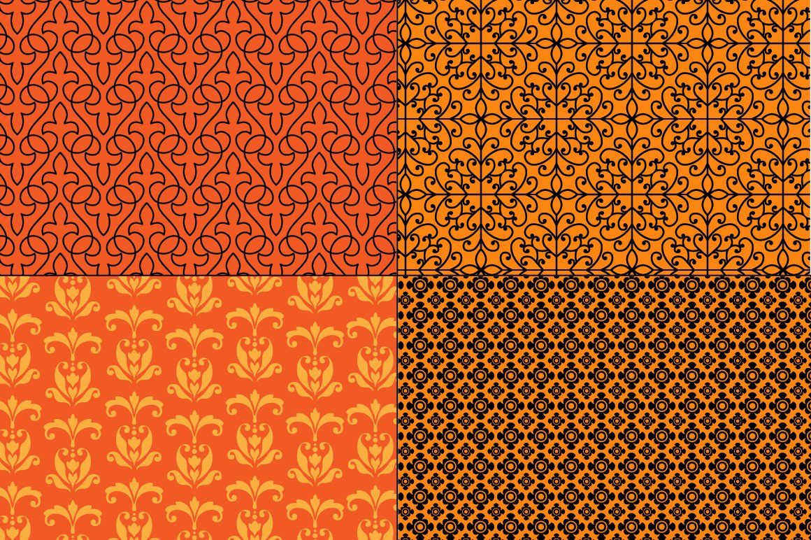 Four orange and brown patterns with the flowers and geometric shapes ornaments.