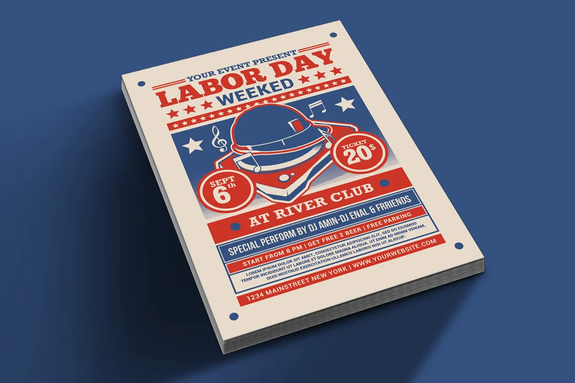 A lot of Labor Day weekend party flyers in white, blue and red.