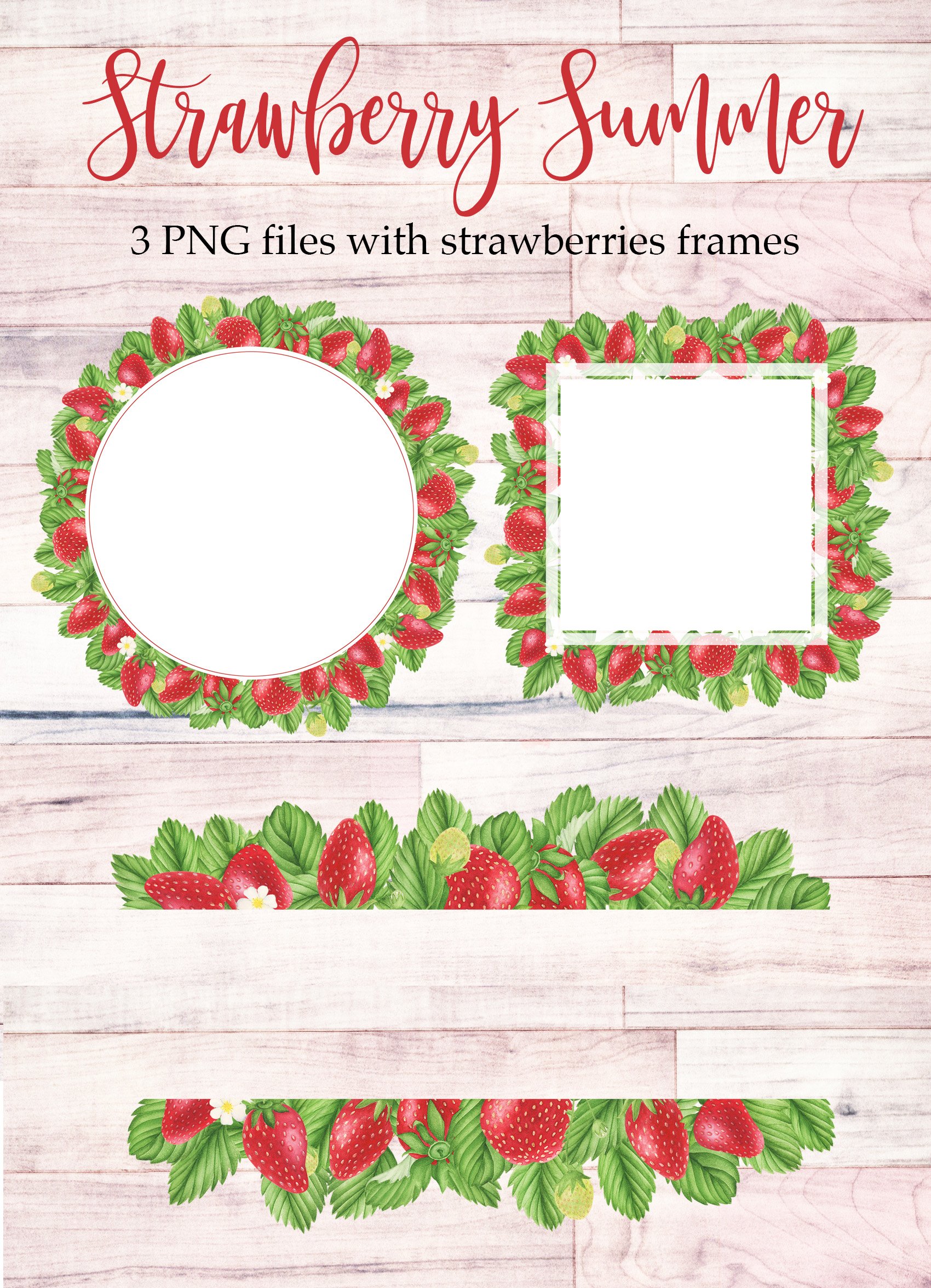 Three frames options with strawberries and leaves.