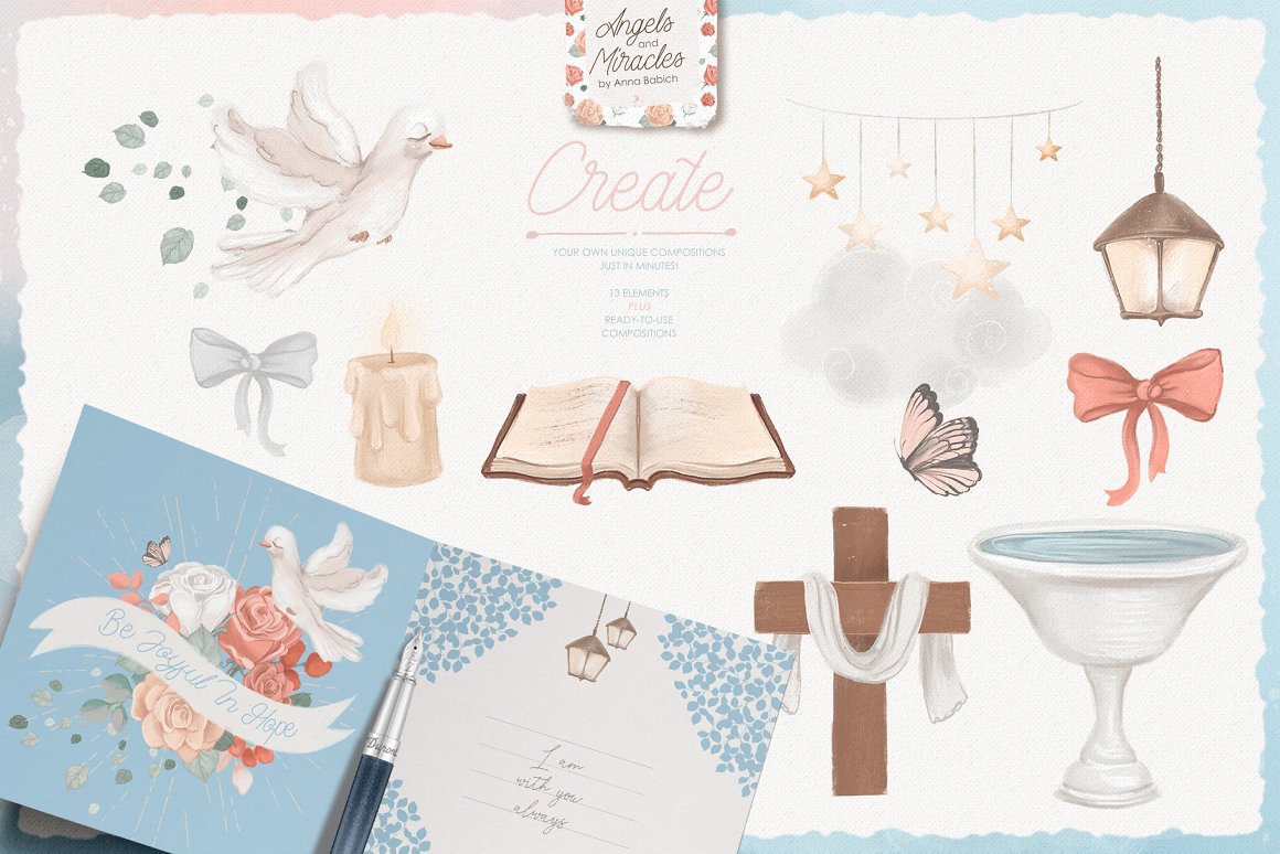 Clipart of different plain elements - bible, candles, bowl, cloud, cross, bow, stars, lantern, pigeon, butterfly.
