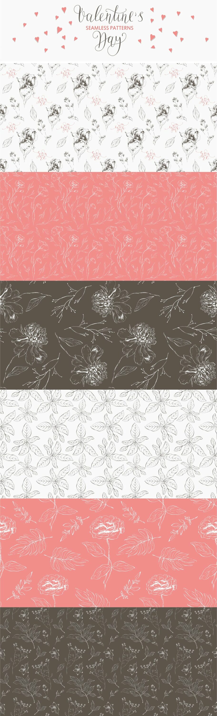 6 white, black and pink romantic floral seamless pattern.