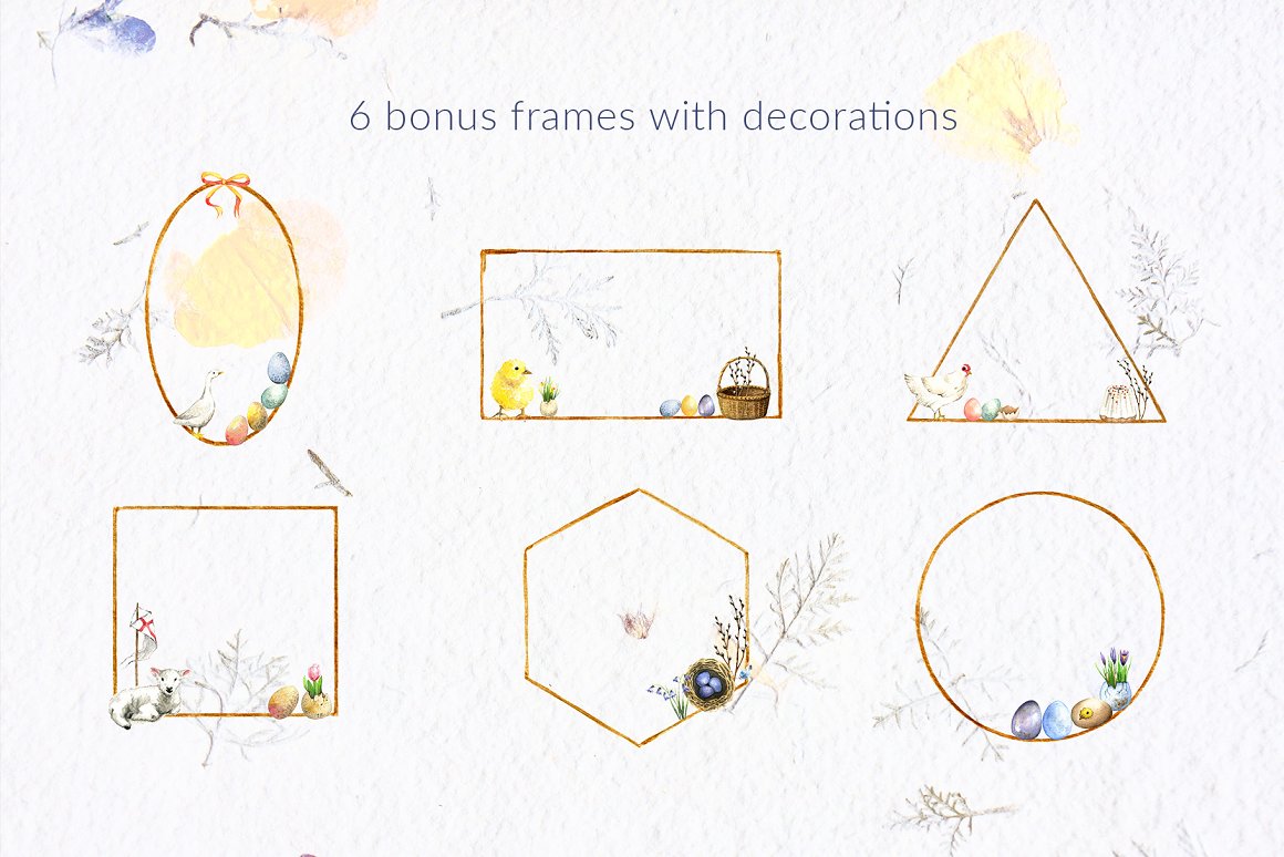 A set of different golden frames with easter elements on a gray background.