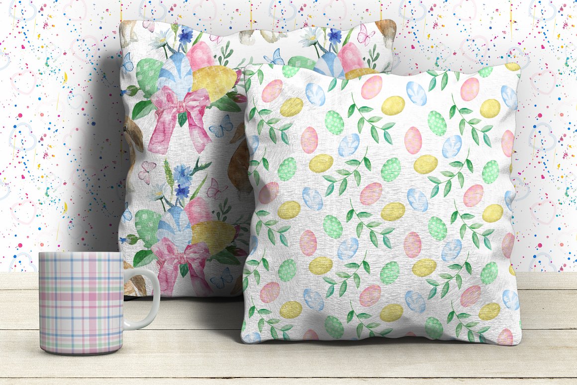 2 white pillows with easter seamless patterns - eggs and twigs and white cup with checkered print.