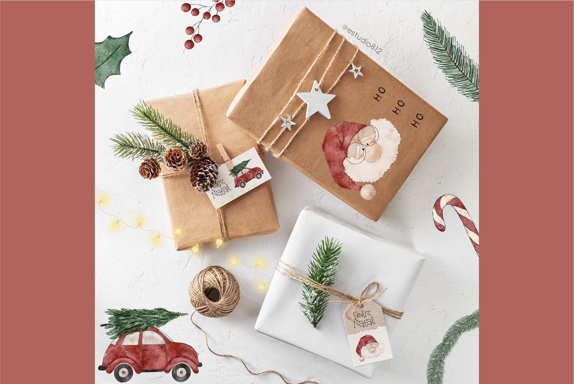3 craft boxes with watercolor christmas illustrations on a gray background.