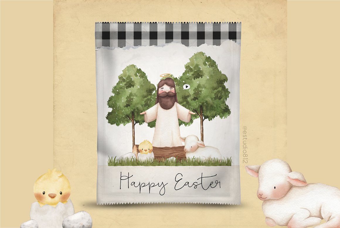 Packaging with black lettering "Happy Easter" and watercolor illustrations of a Jesus on a beige background.