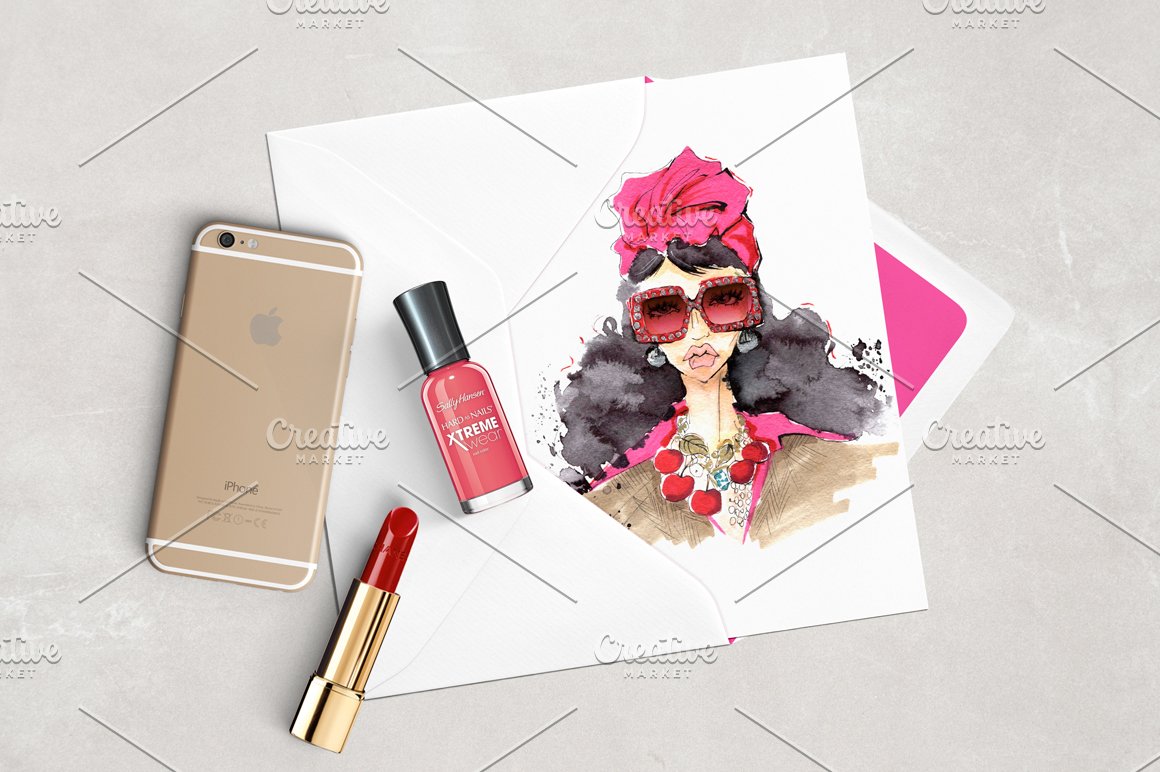 Iphone, lipstick, nail polish and white-pink envelope with white card with illustration of a portrait of a fashionable girl on a gray background.
