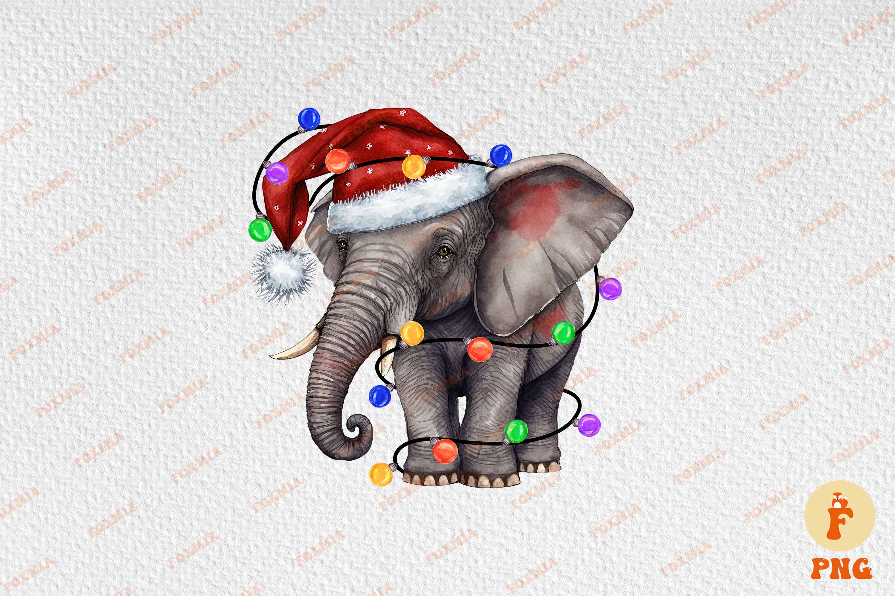Irresistible image of an elephant in a santa hat.