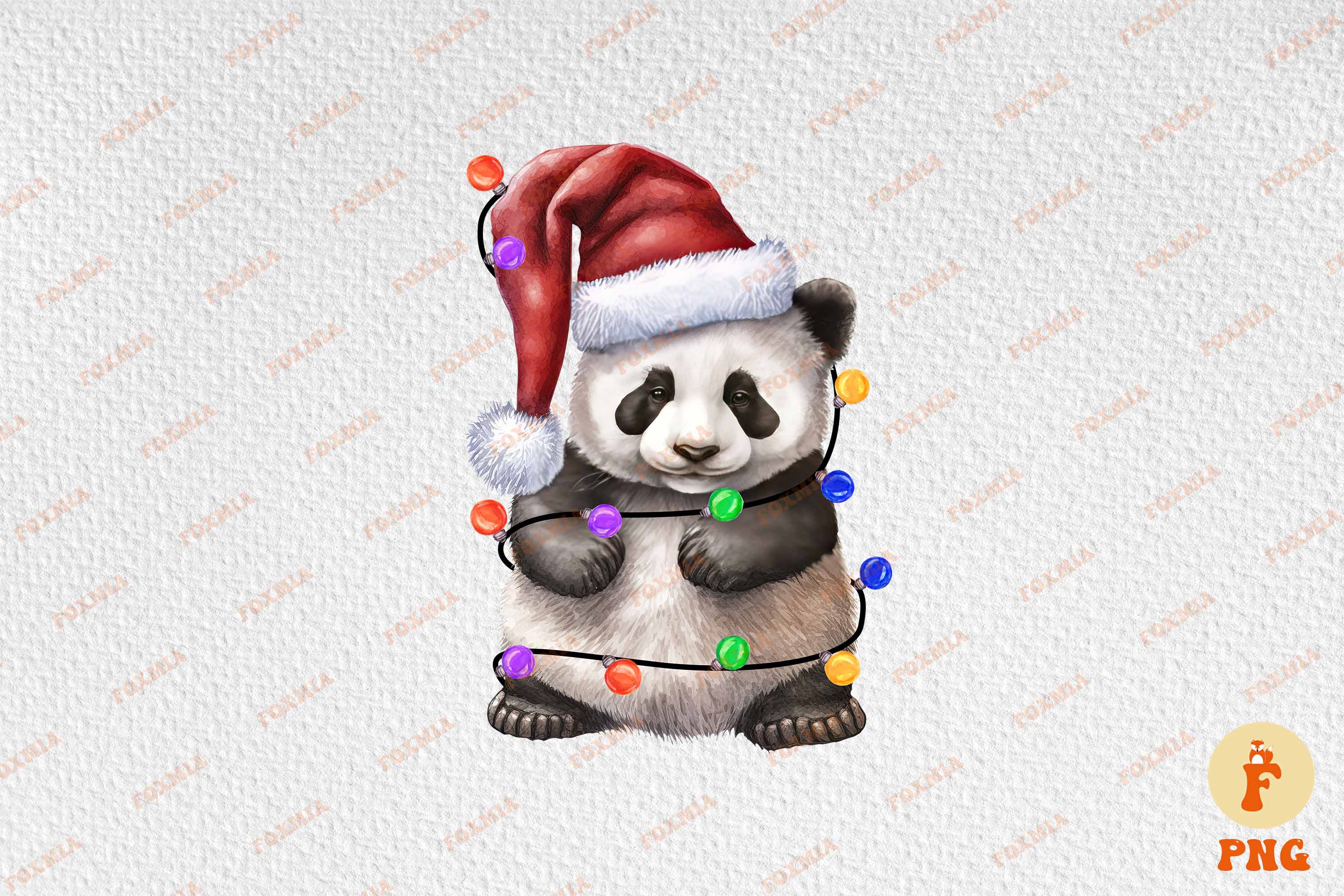 Colorful image of a panda wearing a santa hat.