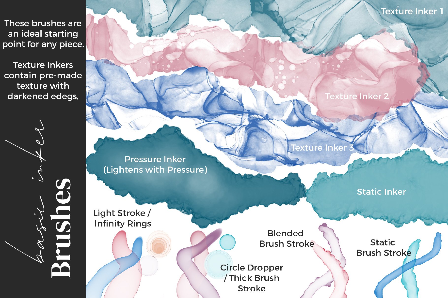 These basic inkers brushes contain pre-made texture with darkened edges.