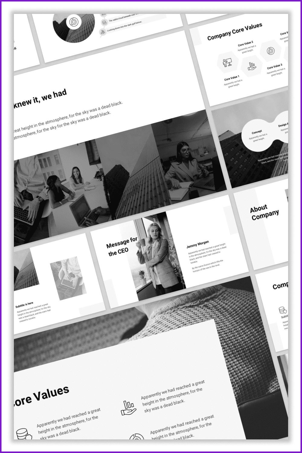 Collage of presentation pages in monochrome style.