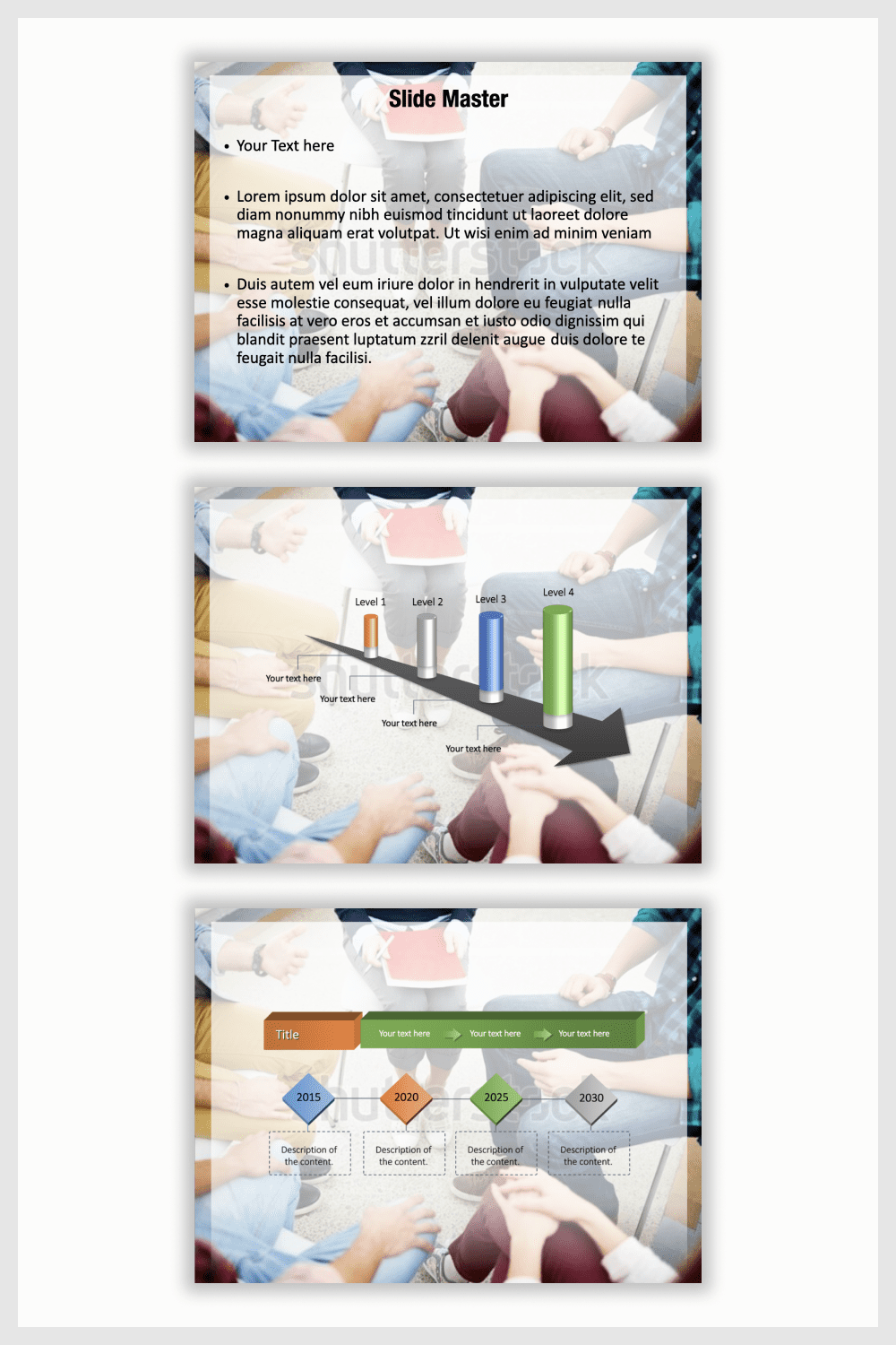 Collage of presentation pages with infographics and text on the background of photos of people in a circle.