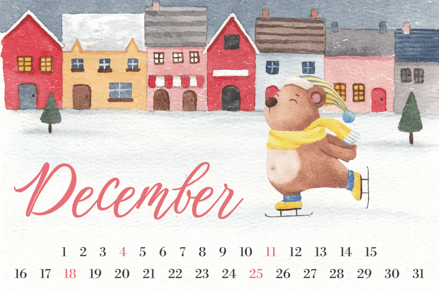 Calendar for december with a drawn bear on skates and houses on the background.