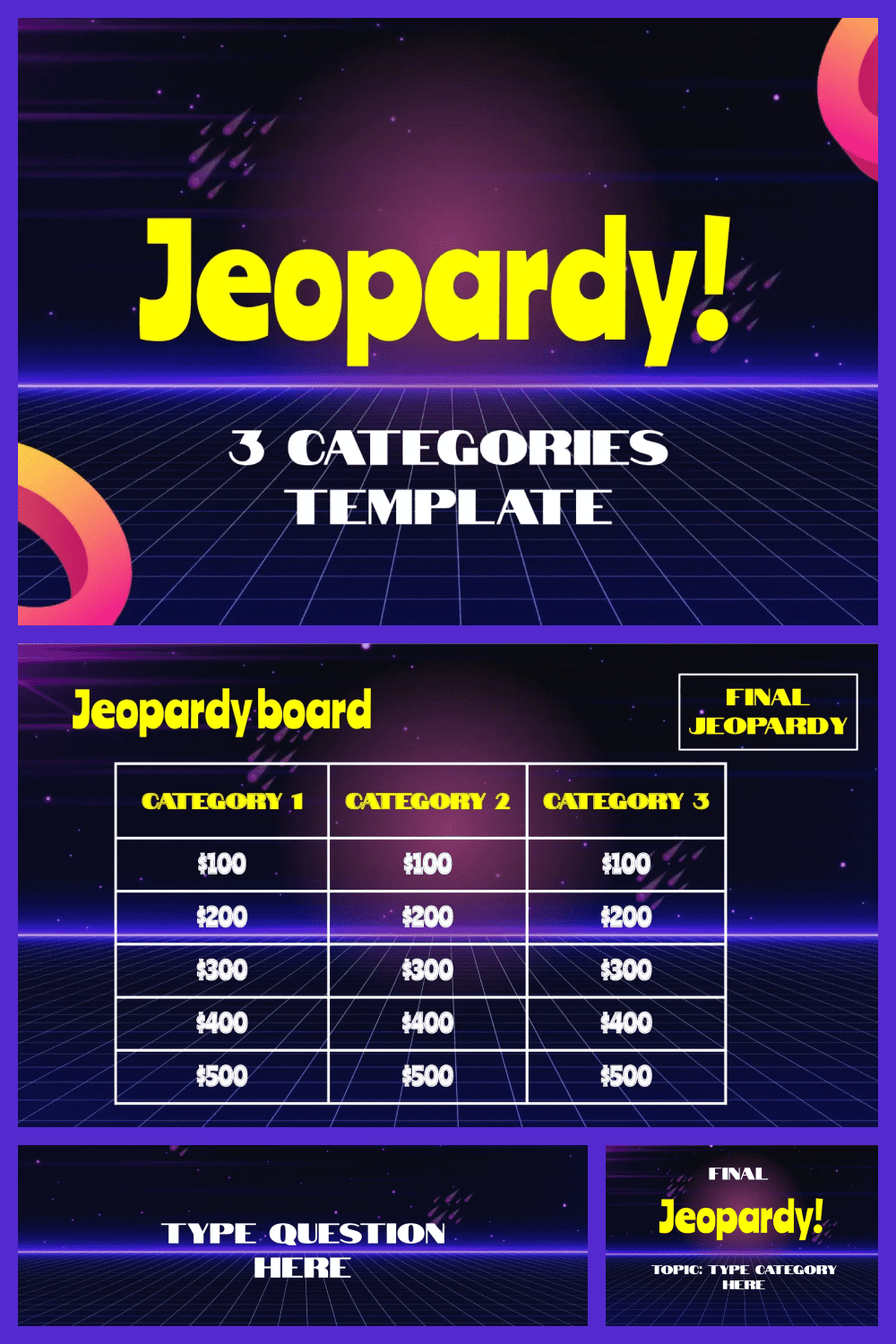 Jeopardy game template with dark blue background.