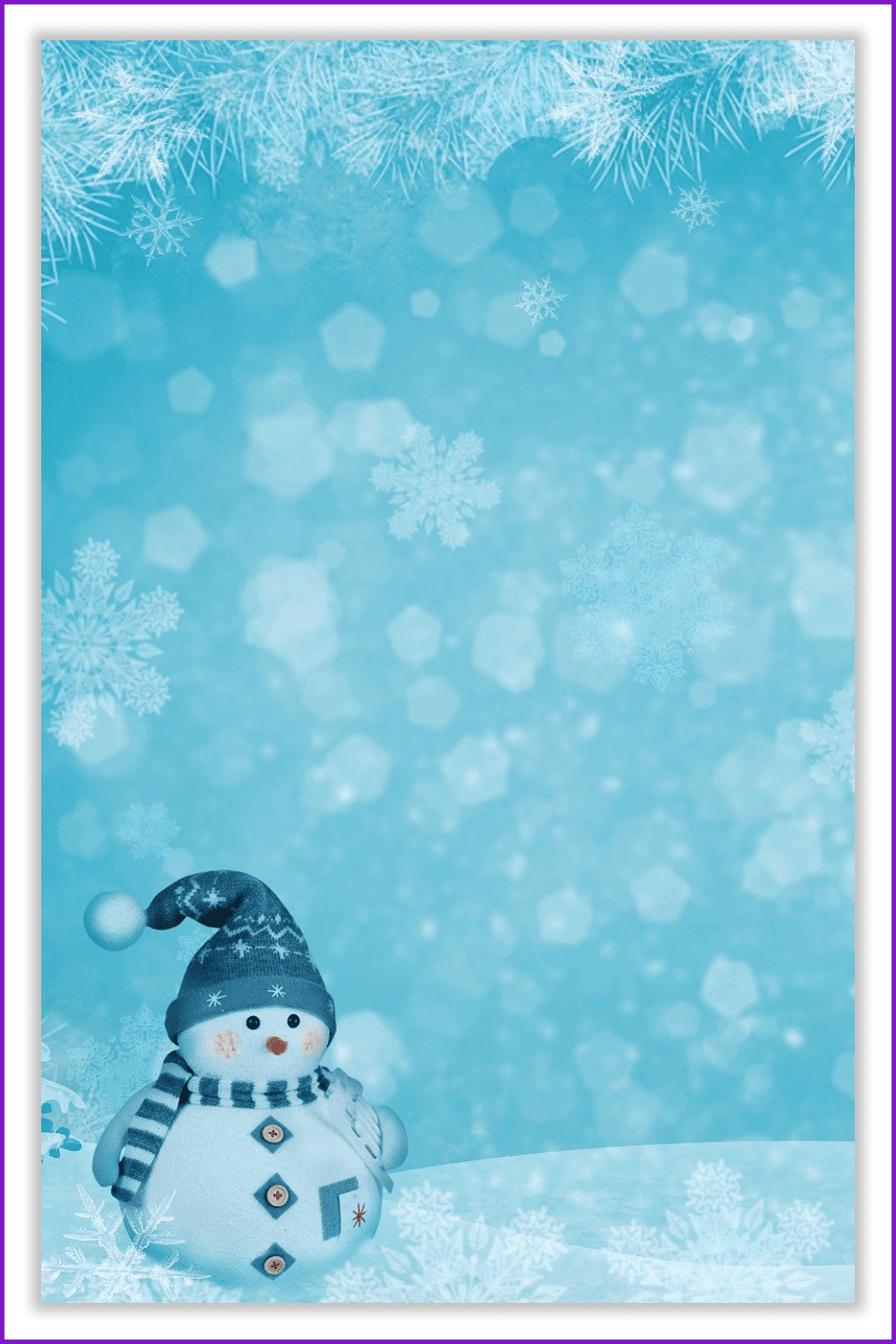 Little cute snowman on a blue background with snowflakes.