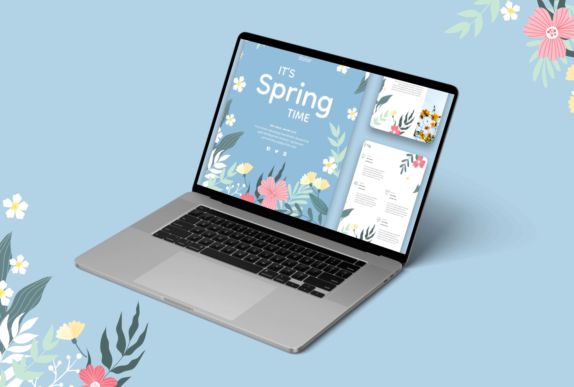 Collection of images of presentation slides on the theme of spring on a laptop screen.