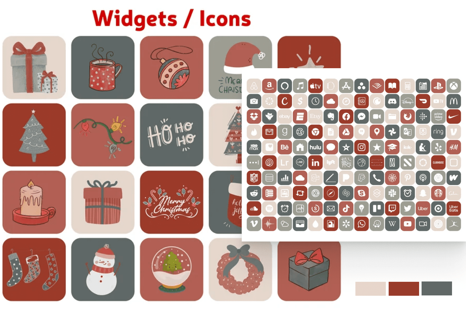 A collage of icons with a Christmas theme and in five different colors.