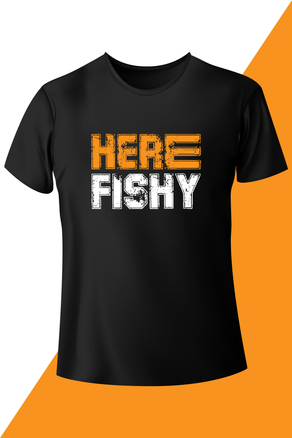 Image of a black T-shirt with the unique Here Fishy lettering.