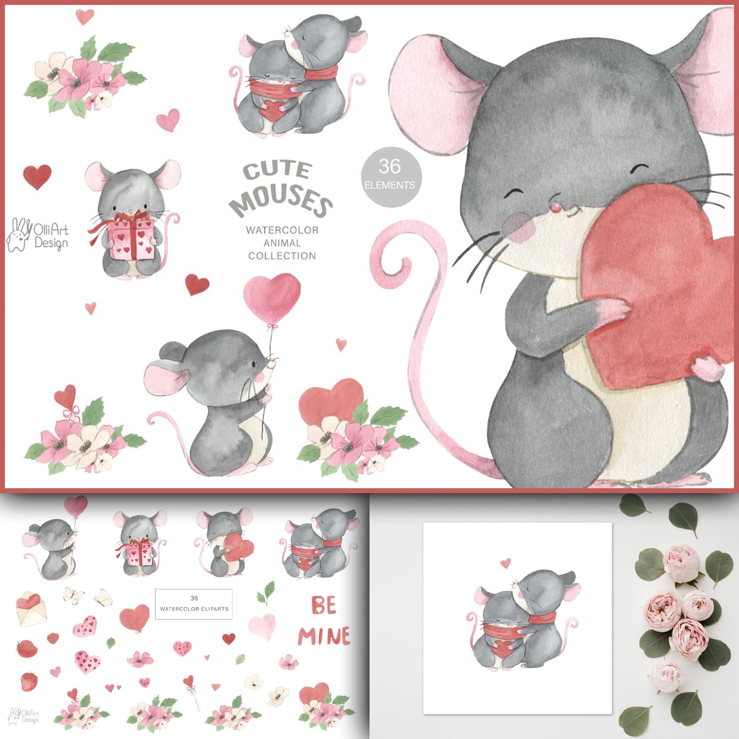 Mouse clipart. Watercolor Cute Mice - main image preview.