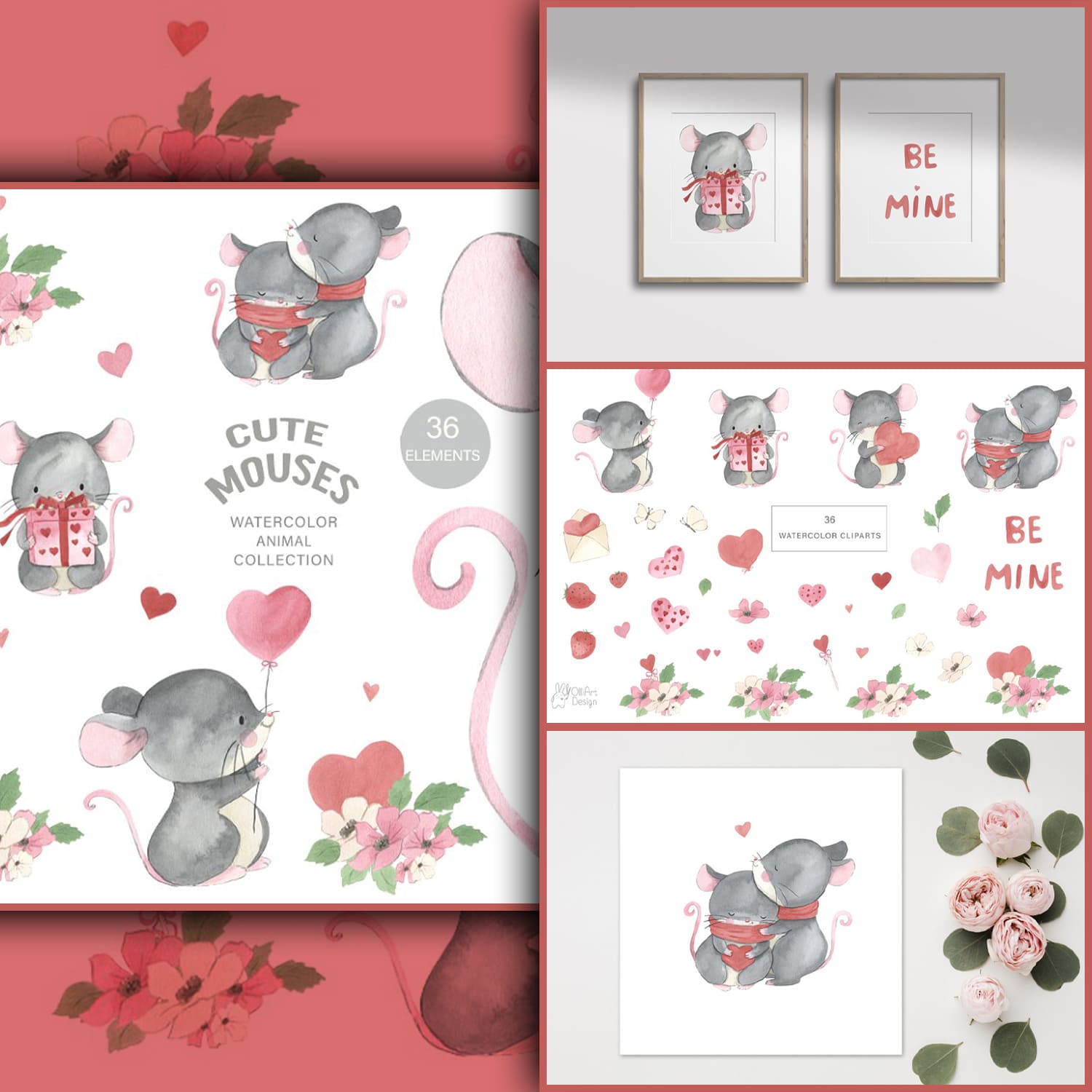 MOUSE clipart. Watercolor cute mice created by OlliArtDesign.