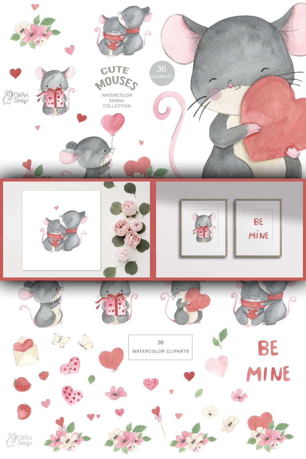 Mouse clipart. Watercolor Cute Mice - pinterest image preview.