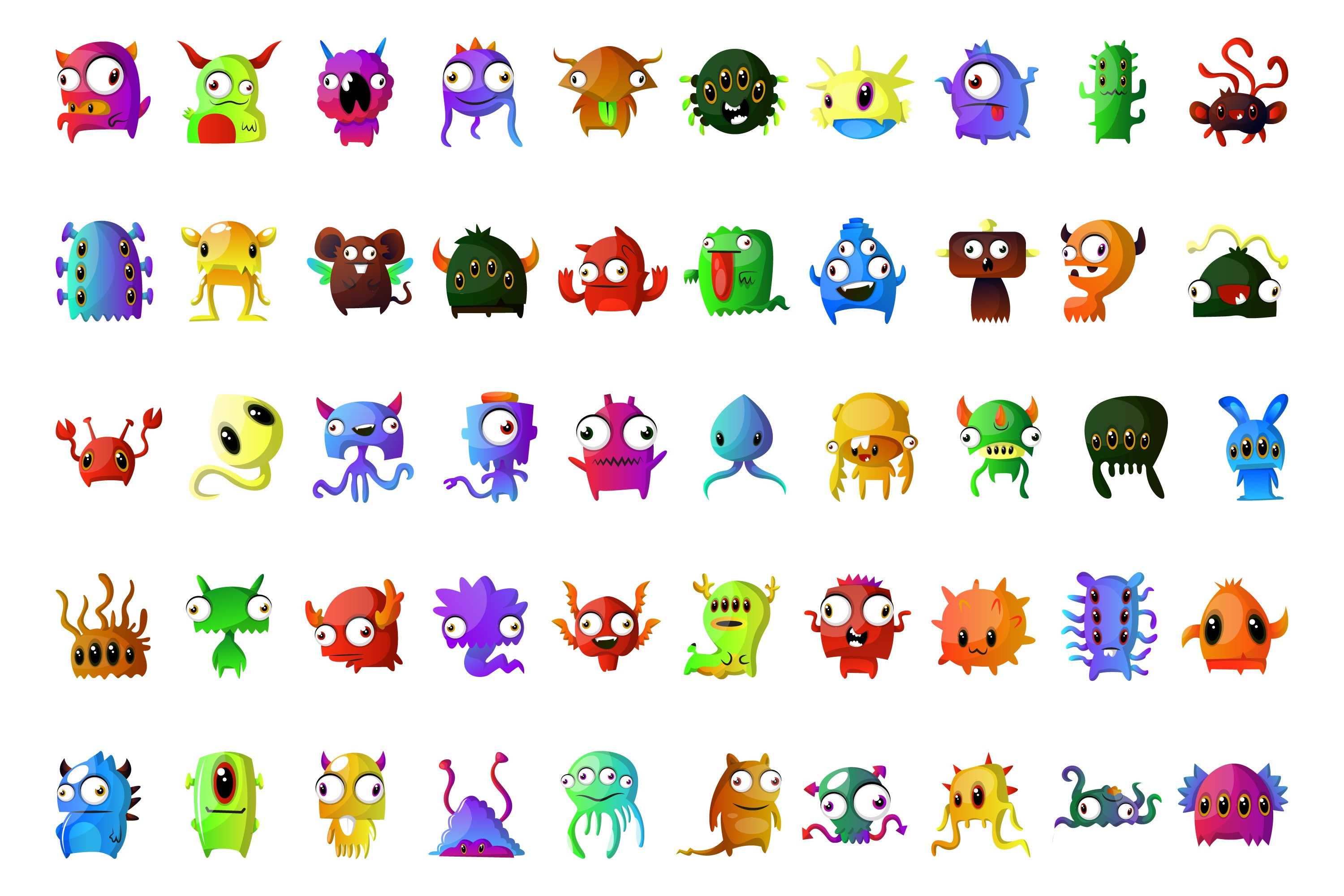 Diverse of multicolor monsters.